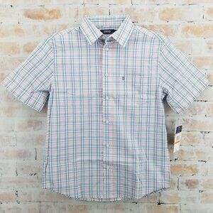 NWT IZOD Youth Large (14-16) Fairytale SS Plaid Button Up Shirt Woven Blue Pink